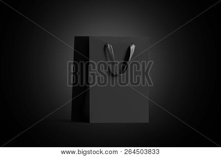 Blank Black Paper Gift Bag With Silk Handle Mock Up, Isolated In Darkness, 3d Rendering. Empty Craft