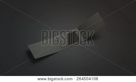 Blank Black Plastic Card Mockup Inside Opened Paper Booklet Holder, Isolated On Dark Background, 3d 