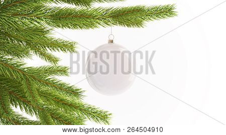 Blank White Christmas Ball Hanging On Pine Tree Mockup, Isolated, 3d Rendering. Empty Decorated Bran