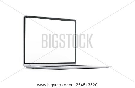 Blank White Laptop Screen Mock Up, Isolated, Side View, 3d Rendering. Empty Pc Monitor Mock Up. Clea