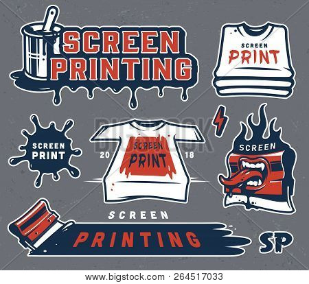 Vintage Serigraphy Elements Set With Screen Printing Inscription Shirts Blot Flaming Squeegee With S