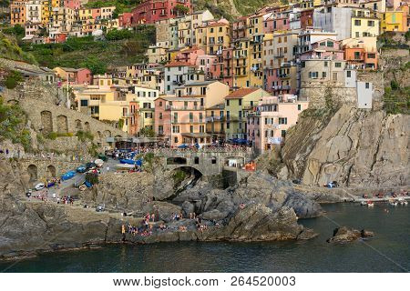 Riomaggiore, Italy - April 29: Traditional Coastal Town Of Riomaggiore, On April 29 2018 In Riomaggi