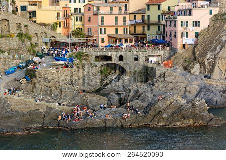 Riomaggiore, Italy - April 29: Traditional Coastal Town Of Riomaggiore, On April 29 2018 In Riomaggi