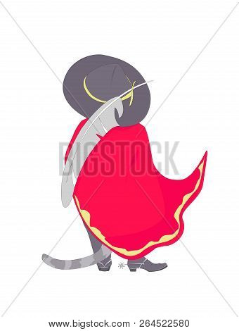 Puss (cat) In Boots  Wearing Red Cape And  Big Hat With Long Bird Plume. Backside View. Vector Illus
