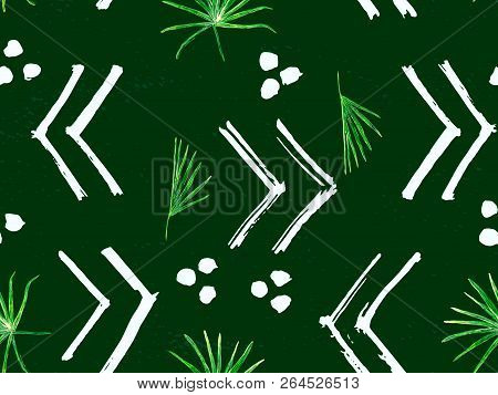 Green Exotic Pattern. Monstera And Hibiscus Flowers Tropical Bouquet.  Hawaiian T-shirt And Swimwear
