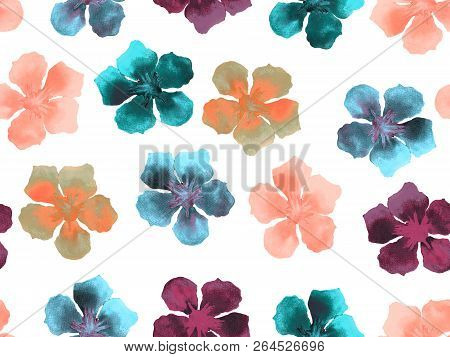 Hawaiian Watercolor Pattern. Pink Red Floral Tropical Seamless Print. Hibiscus And Oleander In Hawai