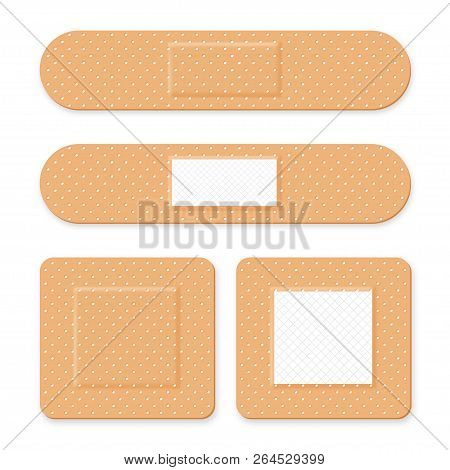 Medical Patch, Adhesive Bandage. Set Of Elastic Medical Plasters In Different Shapes. Realistic Firs