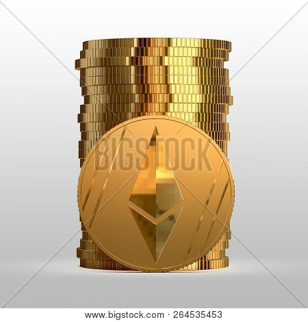 A Stack Of Gold Coins. Cryptocurrency Ethereum. Electronic Money. 3d Illustration.