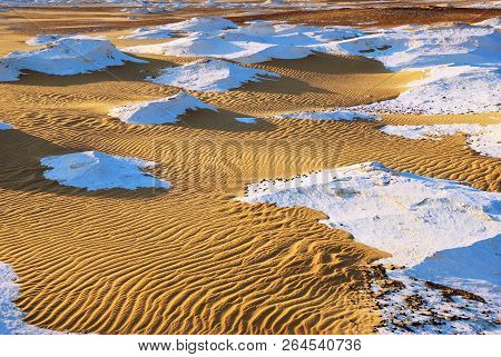 Beautiful Abstract Nature Rock Formations In Western White Desert At Sunrise, Sahara. Egypt