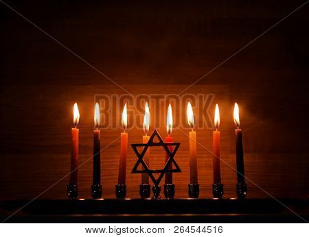 Hanukkah Is A Jewish Holiday. Burning Chanukah Candlestick With Candles. Chanukiah Menorah.