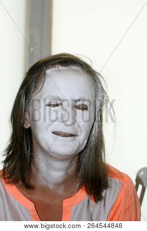 Face In White Foam. Panthenol On The Skin Of The Face. Scary Face.