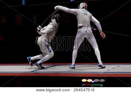 ST. PETERSBURG, RUSSIA - MAY 6, 2018: Final match USA vs Italy during Fencing World Cup Saint-Petersburg Foil. This annual tournament is hold in 44th time