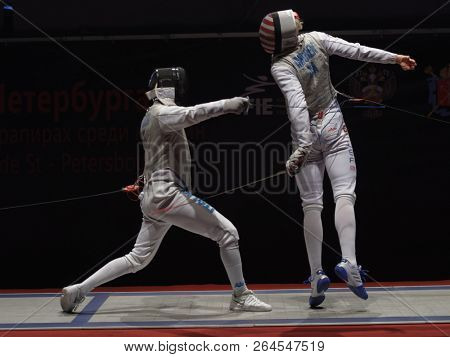 ST. PETERSBURG, RUSSIA - MAY 6, 2018: Final match USA vs Italy during Fencing World Cup Saint-Petersburg Foil. This annual tournament is hold in 44th time