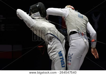 ST. PETERSBURG, RUSSIA - MAY 6, 2018: Final match USA vs Italy during Fencing World Cup Saint-Petersburg Foil. This annual tournament is hold in 44th time