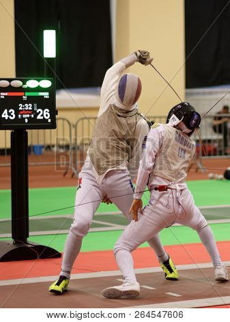 ST. PETERSBURG, RUSSIA - MAY 6, 2018: Team competition France vs Italy during Fencing World Cup Saint-Petersburg Foil. This annual tournament is hold in 44th time