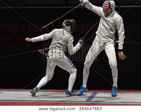 ST. PETERSBURG, RUSSIA - MAY 6, 2018: Final match USA vs Italy during Fencing World Cup Saint-Petersburg Foil. This annual tournament is hold in 44th time