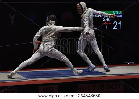 ST. PETERSBURG, RUSSIA - MAY 6, 2018: Final match USA vs Italy during Fencing World Cup Saint-Petersburg Foil. This annual tournament is hold in 44th time