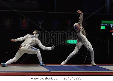ST. PETERSBURG, RUSSIA - MAY 6, 2018: Final match USA vs Italy during Fencing World Cup Saint-Petersburg Foil. This annual tournament is hold in 44th time
