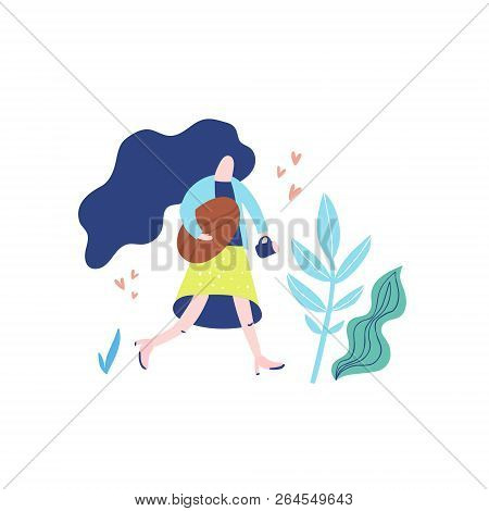 Hand Drawn Illustration Of Woman Carrying Coffee Mug And Giant Coffee Bean. Conceptual Vector Illust