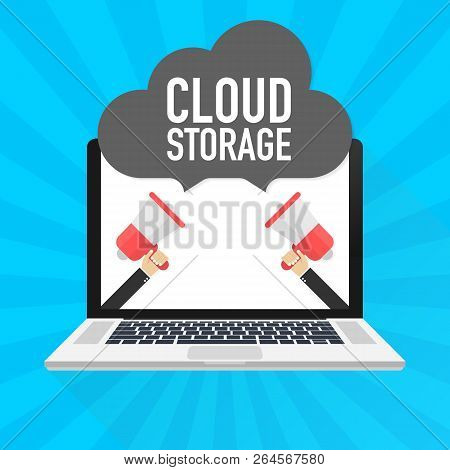 Concepts Cloud Storage. Laptop On Blue Background. Synchronization And Storage Of Data. Vector Stock