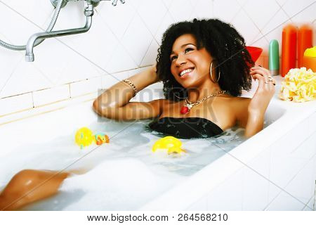 Young Pretty African American Girl Taking Bath With Foam, Lifest