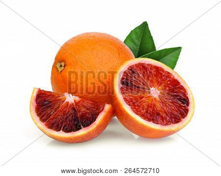 Whole And Half With Slice Blood Orange With Green Leaf Isolated On White Background