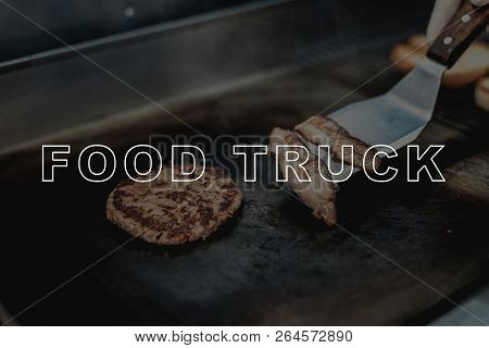 Burger Preparation. Bread And A Beef Grilling. Prepair For Dinner. Tasty And Delicious. Lunch Nutric