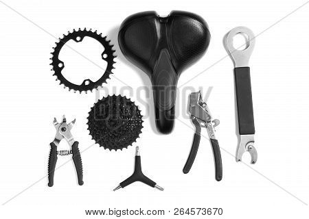 Set Of Different Bicycle Tools And Parts On White Background, Flat Lay