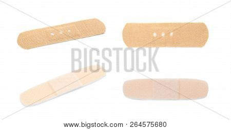 Set With Adhesive Plaster On White Background. Medical Objects