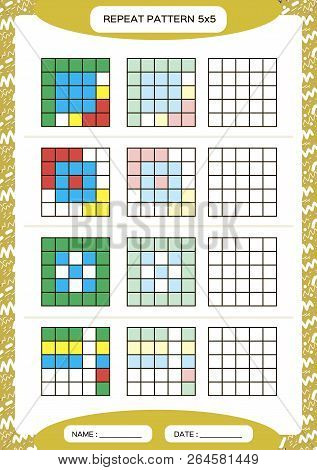 Repeat Colorful Pattern. Cube Grid With Squares. Special For Preschool Kids. Worksheet For Practicin