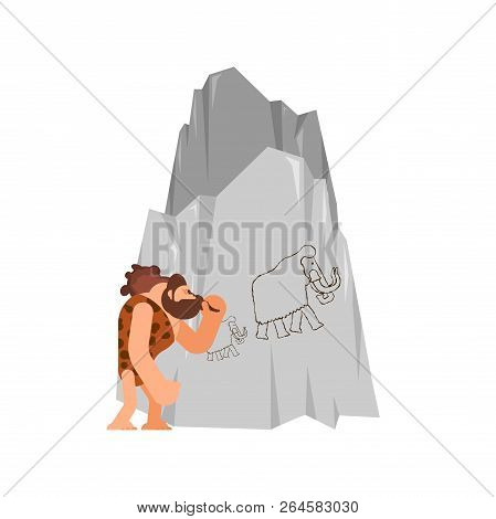 Caveman And Cudgel. Prehistoric Man And Club. Ancient Stone Age Weapon