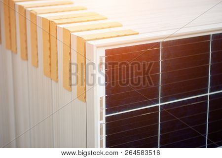 Close-up Of New Solar Photo Voltaic Modules Set Ready For Buying, Transportation And Installation. R