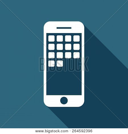 Sellphone Icon. White Flat Icon With Long Shadow On Background