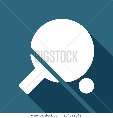Ping Pong Icon. White Flat Icon With Long Shadow On Background