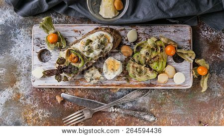 Food Banner. Appetizing Sandwiches With Cheese, Egg, Avocado And Pumpkin Seeds.