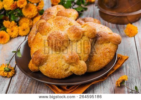 Pan De Muerto - Traditional Pastry, Bread, Buns With Sugar And Orange Baked For Mexicad Day Of Dead.