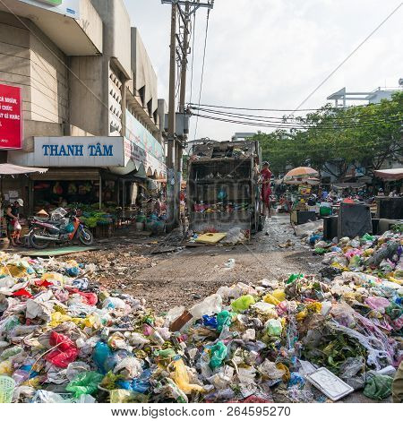 Ho Chi Minh City, Vietnam - August 25, 2017: Landfill Garbage, Rubbish At The Cho Xom Chieu Market I