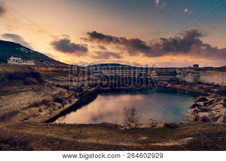 Lake On The Site Of A Career In Inkerman At Dawn, Kalamita Fortress On The Top, Sevastopol, Crimea, 