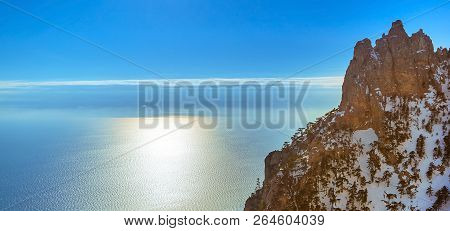 Long Panorama Of The Black Sea With The Reflection Of The Sun, With A Fragment Of The Mountain, Crim
