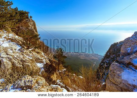 Sea Through The Gorge Of Mountains With A Frosty Sunny Day, Ai-petri Mountain, Crimea, Russia