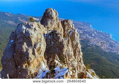 Mountain Ai-petri Winter Sunny Day, Panorama Of The City At The Foot, The Sea, Crimea, Russia