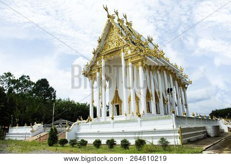 Exterior Ubosot Of Beautiful Thai Temple In Rayong, Thailand