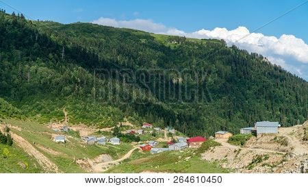 Artvin, Turkey - July 2018: Misirli Village In Highlands Of Blacksea Region With Traditional Wood Ho