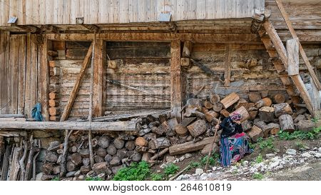 Artvin, Turkey - July 2018: Unidentified Woman In Local Outfit In Maden Village , Savsat, Artvin, Tu