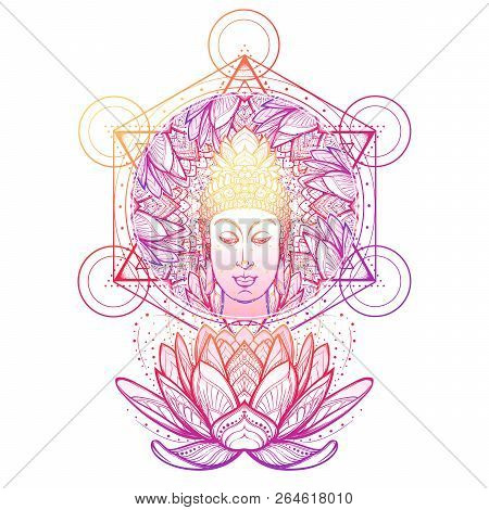 Buddha Head In A Lotus Flower Frame. Hexagram Representing Anahata Chakra In Yoga On A Background. I