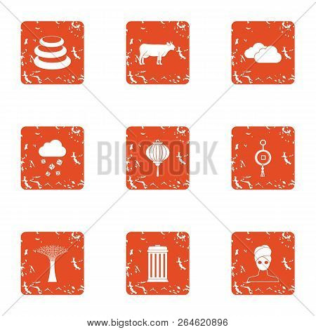 Unity With Nature Icons Set. Grunge Set Of 9 Unity With Nature Vector Icons For Web Isolated On Whit