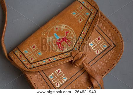 Moscow, Russia - 10 23 2018: Egyptian Souvenir Leather Bag With Pattern