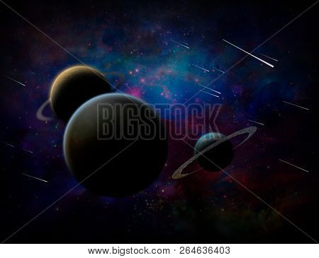 Exosolar planets and meteor shower in deep space. 3D rendering
