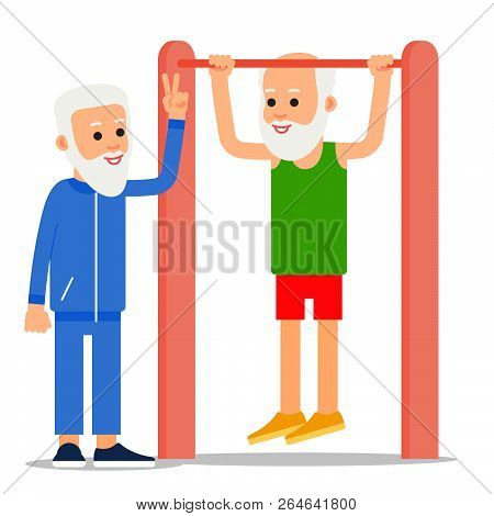 Elderly Man Pulls Up Exercising. One Senior Doing Pull-ups, Another Man Stands Beside And Controls E