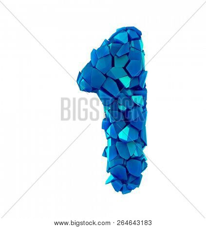 Number one 1 in a 3D illustration made of broken plastic blue color isolated white background